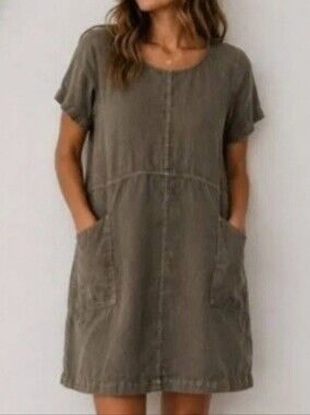 Pure Jill Collection Relaxed Short Sleeve Linen Tunic Dress - Light Taupe Size L